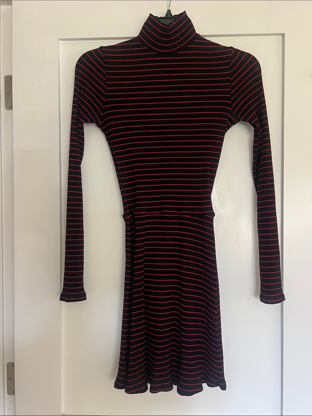 Reformation Jeans Black & Red Striped Turtleneck Fit-and-Flare Dress